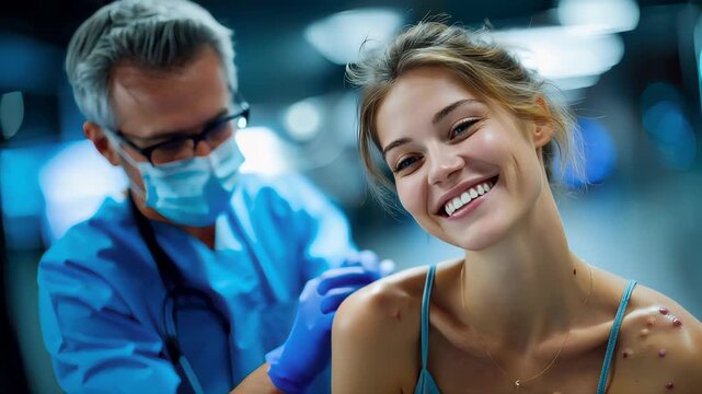 Dermatologist examining moles on a woman shoulder in a clinic, skin cancer screening and early detection concept