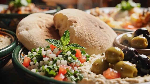 A delicious and vibrant spread of traditional Middle Eastern cuisine featuring creamy hummus drizzled with olive oil and garnished with fresh parsley, accompanied by warm, fluffy pita bread and a ref.