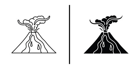 Erupting Volcano with Lava and Smoke Icon Set Vector Line and Silhouette