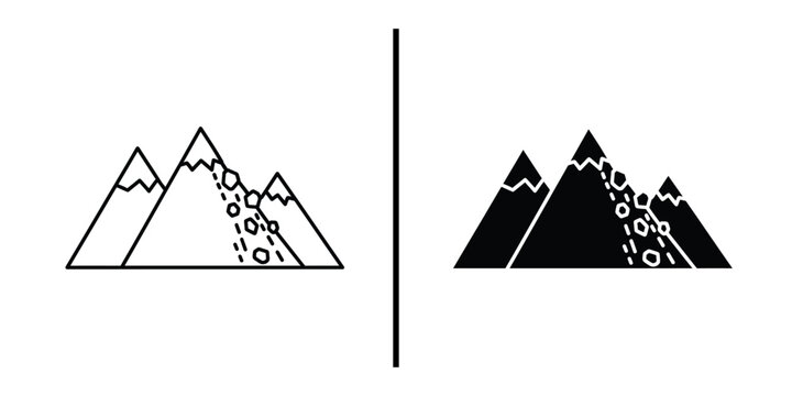 Mountain Landslide and Rockfall Avalanche Icon Set Vector Line and Silhouette