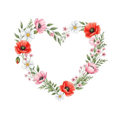 A beautiful wreath made of flowers in a heart shape design. isolated on transparent background