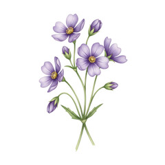 A delicate bouquet of purple flowers with green stems and leaves isolated on transparent background
