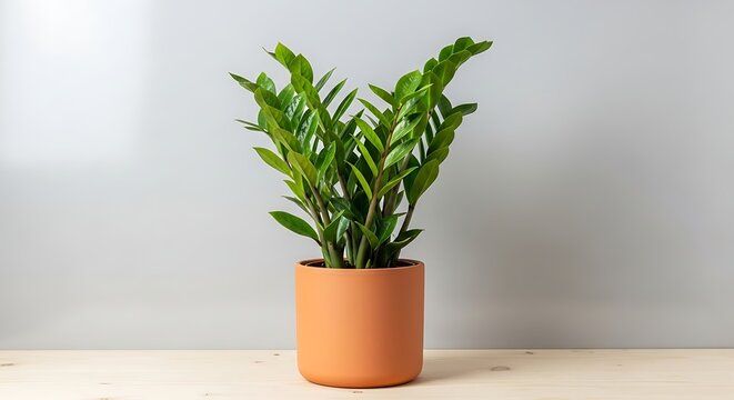 ZZ plant zamioculcas zamiifolia in a simple pot on a clean background, minimal interior design stock photography with modern aesthetic, soft natural light, and fresh contemporary decor mood.