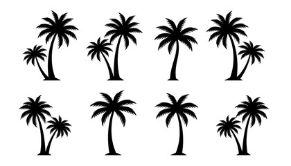 Collection of black palm tree silhouettes on white background.