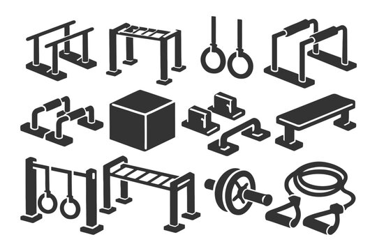 Black silhouette icons of gym equipment for indoor and outdoor fitness.