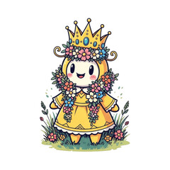 A whimsical illustration of a crowned bunny rabbit adorned with flowers and jewels isolated on transparent background