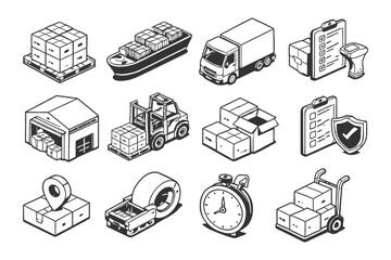 Logistics and delivery icons: transportation, packaging, shipping, and inventory management.