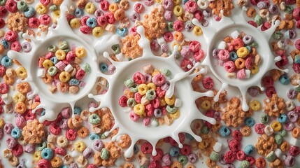 Colorful cereal in milk splashes creating a visually appealing and delicious composition