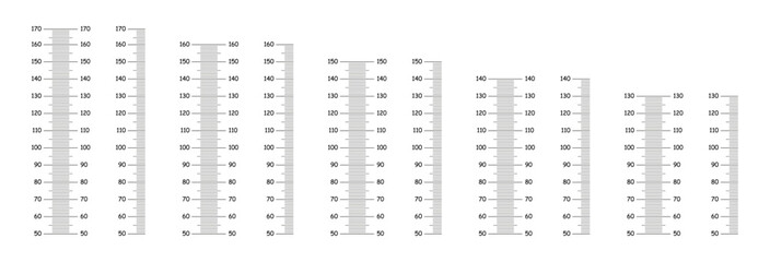 Height charts growth stickers for wall. Stadiometer scale from 50 to 130, 140, 150, 160, 170 centimeters. Height meter simple templates. Markup for rulers. Measuring scale black.