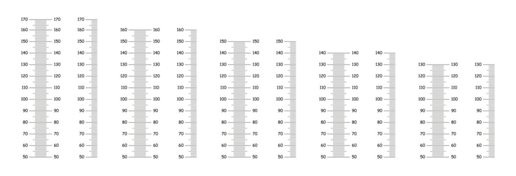 Height charts growth stickers for wall. Stadiometer scale from 50 to 130, 140, 150, 160, 170 centimeters. Height meter simple templates. Markup for rulers. Measuring scale black.