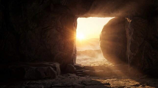 empty tomb with rolled stone and sunlight beams. jesus christ resurrection concept. easter holiday celebration. dark cave interior. christian religious background. banner, website header, copy space.