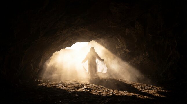 silhouette of jesus christ standing at tomb entrance with bright light. easter resurrection concept. christian holiday background. religious banner, website header.