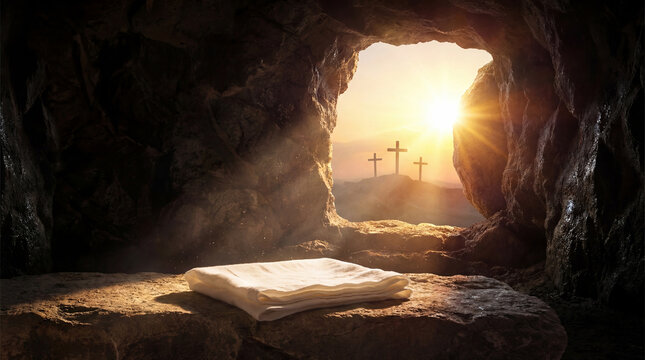 empty tomb with folded burial shroud on stone. bright sunrise at cave entrance. three crosses on hill in distance. easter resurrection theme. religious poster, banner, website header, copy space.