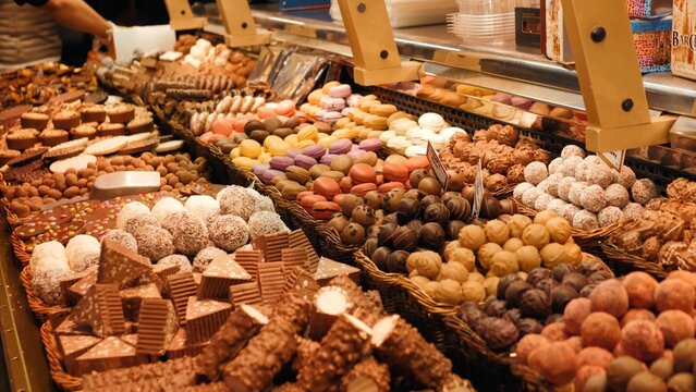 Assorted truffles and pralines in a bakery