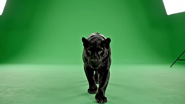 Powerful black panther stalking forward on a green screen background ready for visual effects and compositing in marketing campaigns or wildlife documentaries
