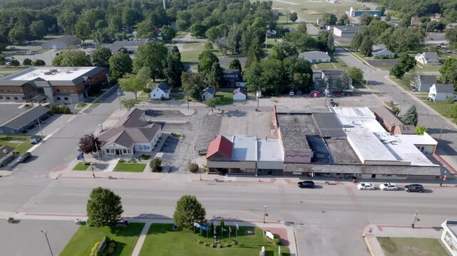Downtown White Cloud, Michigan with drone video moving left to right.