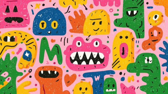 Colorful abstract monster characters forming a playful seamless pattern, bringing a fun doodle style to this whimsical background with a retro grainy texture