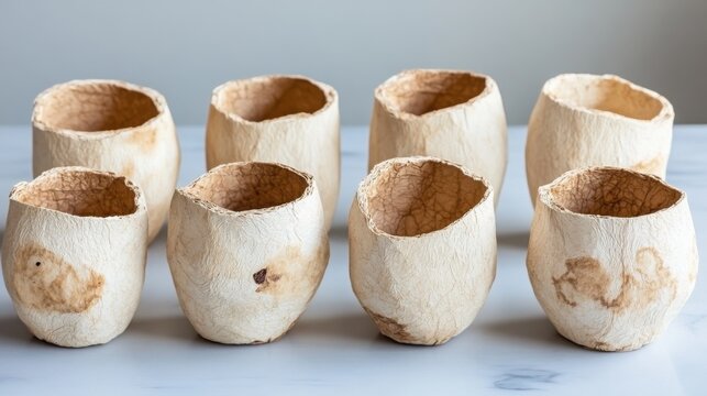 A group of unique organic recycled paper pulp bowls are beautifully displayed on a subtly textured surface, showcasing natural craftsmanship.