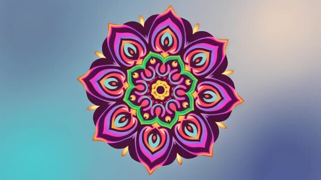 Vibrant floral mandala on gradient blue background with abstract shapes