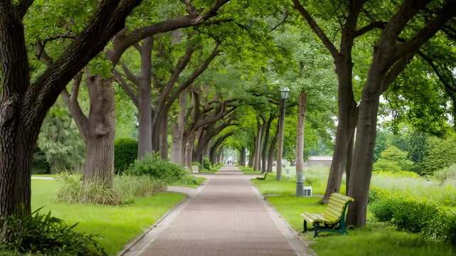 Serene park pathway lined with vibrant green trees and benches