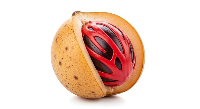 A whole nutmeg in its outer shell, cracked open to reveal the dark, red mace-covered seed inside, isolated on white.