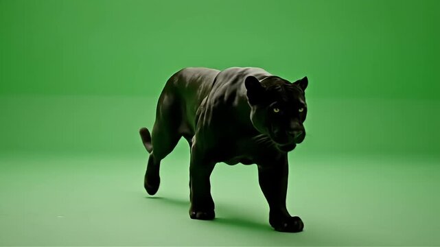Powerful black panther stalking forward on a green screen background perfect for compositing into dynamic action sequences and visual effects projects