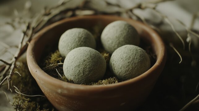 Four seed bombs meticulously nestled in a rustic terracotta pot, beautifully surrounded by lush moss and various natural elements, patiently waiting for planting and fostering new life.