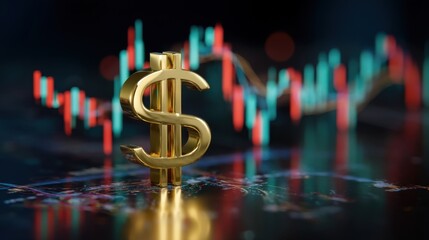 A golden dollar sign symbol stands prominently against a backdrop of financial chart with colored bars,