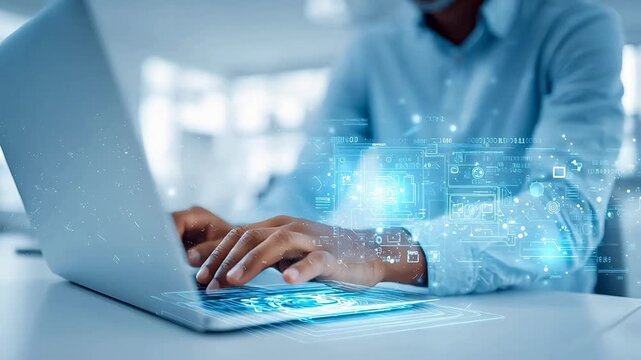 Person working on laptop with digital interface