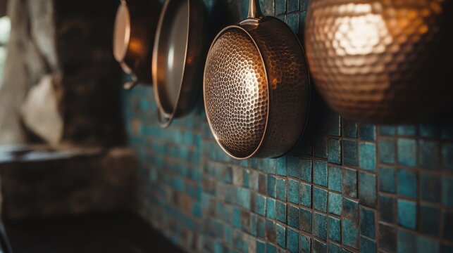 Gleaming hammered copper pots and pans neatly hung on a textured mosaic tile wall, creating a warm ambiance in a kitchen.