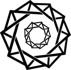 A black silhouette of a geometric spiral, with a strong emphasis on the negative space within the shape