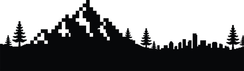 Obraz premium A black silhouette of a simplified landscape – perhaps a mountain range or a field – with a few isolated, pixelated squares representing the terrain