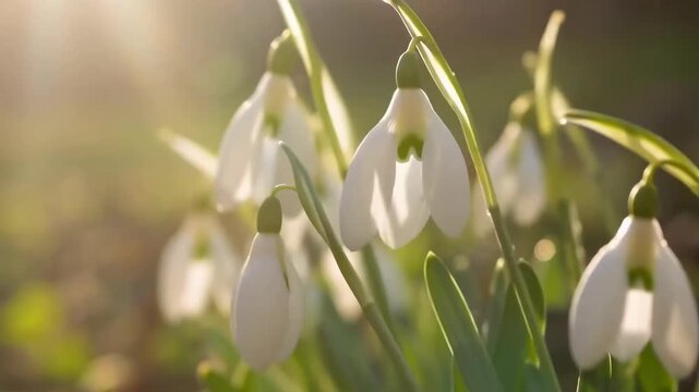 Close-up video of snowdrops in soft sunlight, capturing delicate petals from a low angle. Live desktop wallpaper.