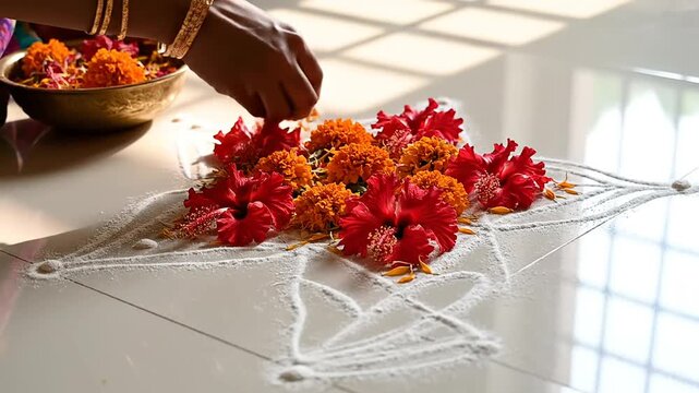 Close-up of a hand arranging vibrant marigold and hibiscus flowers on a traditional ugadi festival rangoli decoration