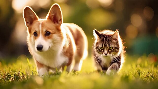 Corgi and Cat on Grass
