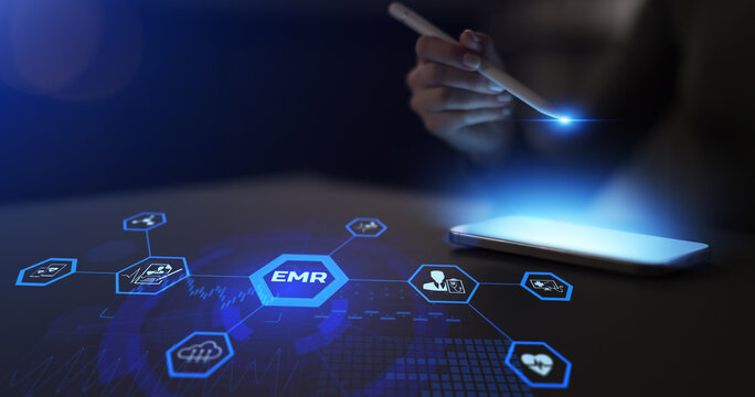 EMR Electronic Medical Records System and Digital Healthcare Data Management Illustrated as Modern Technology Concept.
