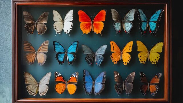 Different types of butterflies are arranged in a grid on a dark background showing their unique colors and patterns