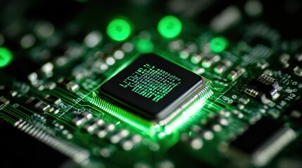 Fototapeta premium Macro semiconductor chip with holographic code floating above, Sci-fi, emerald and black, ultra detailed photography style, shallow depth, innovation theme. 