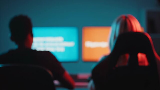 Engaged Gamers in a Dark Room Playing Multiplayer Video Games on Dual Computer Screens