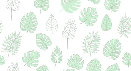 Seamless tropical leaf pattern with green botanical illustrations on white background.
