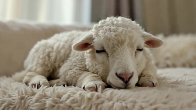 Lamb resting on fluffy cushion indoors