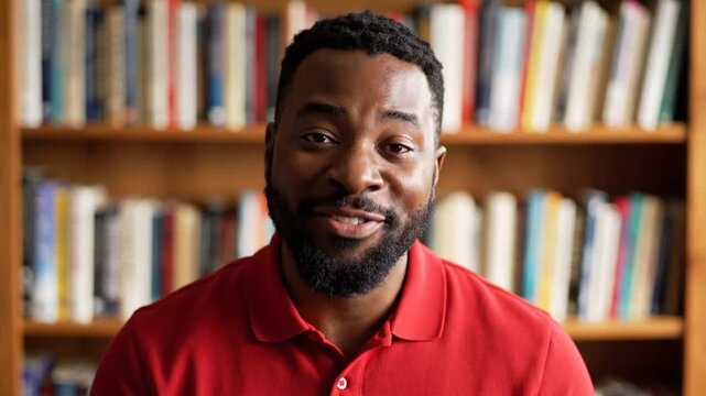 Man smiling in front of a bookshelf in a library or office