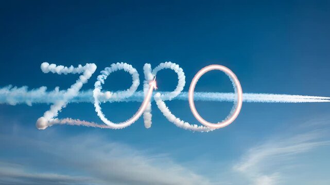 Airplane flying through sky with smoke trails spelling out zero