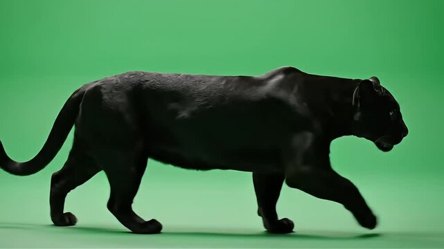 Powerful black panther prowling forward on a green screen background showcasing its muscular build and intense gaze for seamless visual effects integration