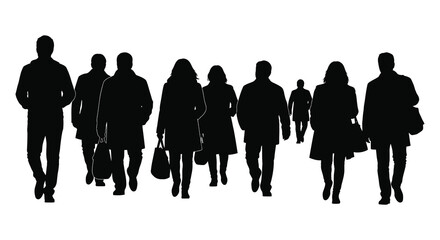 A group of people are walking together in a line represented as a striking black silhouette high quality professional detailed modern © RMvectors02