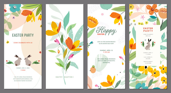 Easter 4x9 templates in vibrant peach, yellow and green colors. Greeting cards with decorative flowers, Easter bunnies, floral frames and backgrounds. For Birthday, Wedding and Baby invitations.