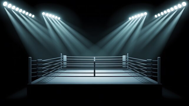 A boxing ring illuminated by bright spotlights, ready for a match.