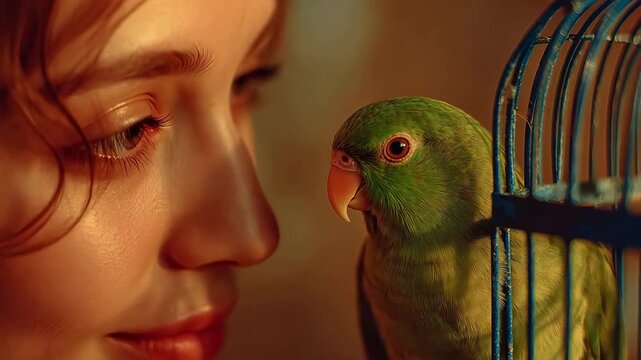Close-up of a person kissing a green parrot inside a cage
