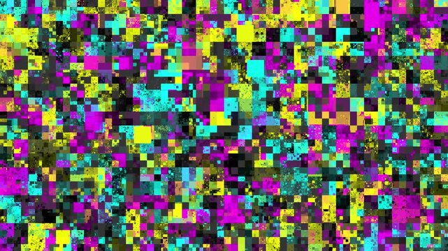 Abstract digital grid glitch pattern, vibrant CMYK pixel mosaic, geometric loopable background with magenta cyan black and yellow