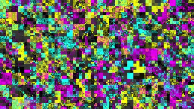 Digital glitch patterns background, abstract loopable mosaic tech background, vibrant neon pixel squares